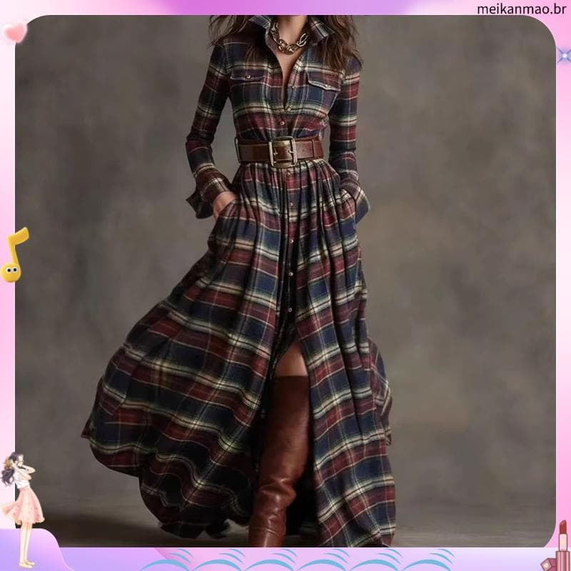 Plus Size Feminino E # 39 ; s Retro Xadrez Slimme r Look Vestido Irregular Novo Estilo Saia Design