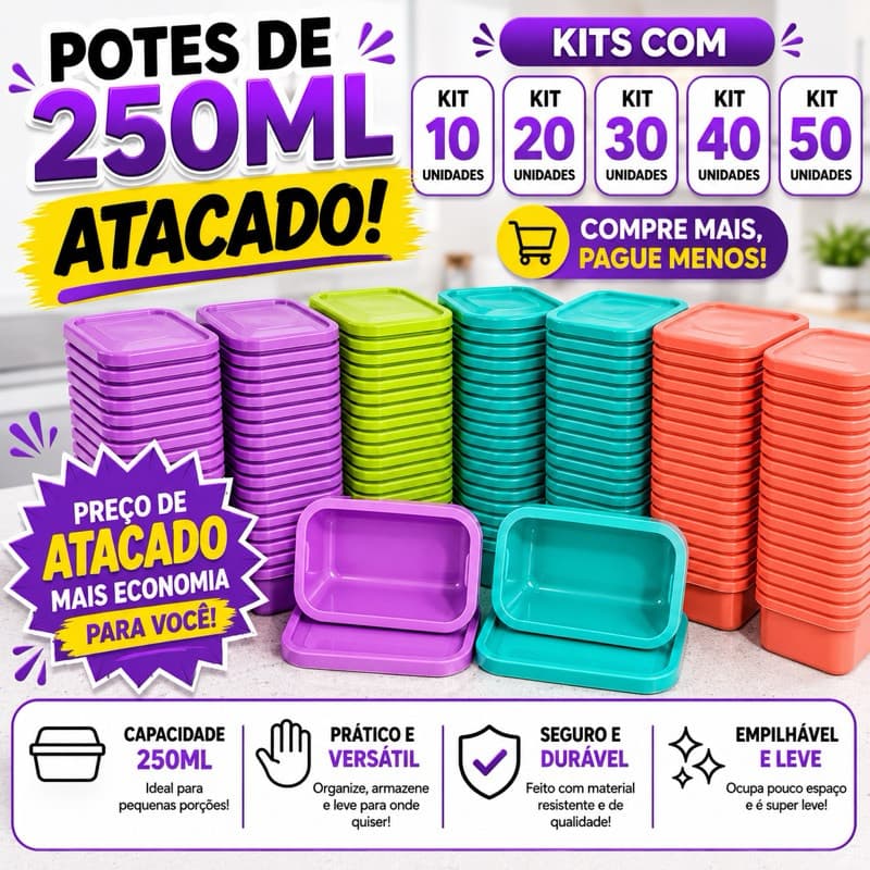 Kit Potes Plásticos 250ml Retangular Com Tampa Sobremesa Lembrancinha Organizadores Atacado