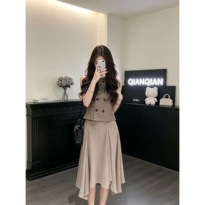 Francês luz estilo maduro fino-ajuste sem mangas topo feminino verão novo estilo grande balanço elegante saia terno