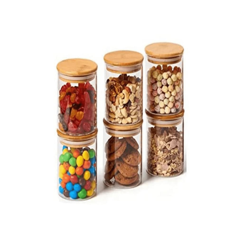 kit 6 Potes de Vidro Hermético com Tampa de Bambu 300ml | Alimentos Mantimentos