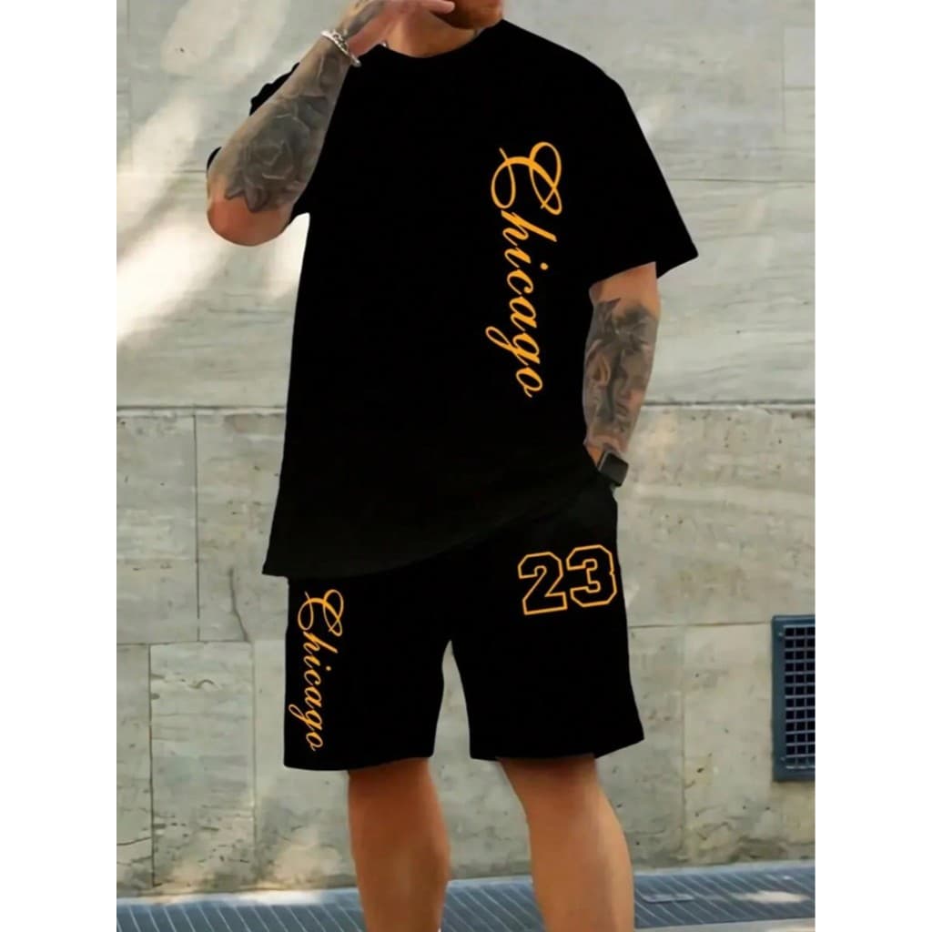 Kit Camiseta Preta + Bermuda de Moletom Estilo Tumblr "Chicago 23 Amarelo" - LANÇAMENTO ESPECIAL