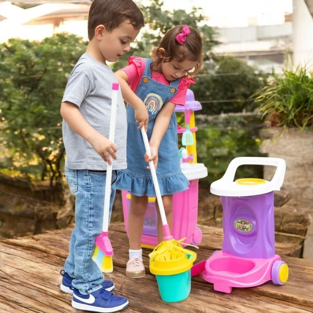 Carrinho Limpeza Infantil Brinquedo Cleaning Trolley Kit Acessorios Vassoura Rodo Balde Educativo