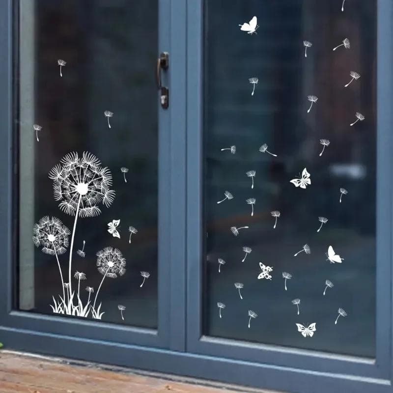 Branco Dente De Leão Borboleta Eletrostático Adesivo De Parede Janela De Vidro Decoração Dupla Face Padrão Decalques Par