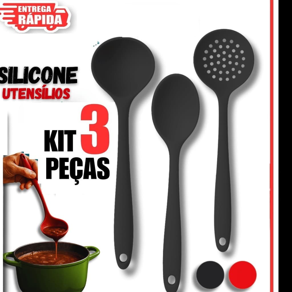 3 Peças de Silicone Concha + Colher de Arroz + Escumadeira Para Fritura Premium Multiuso Cozinha