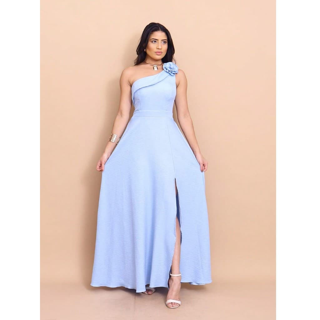 Vestido longo Luxo liso duna linho com fenda flores  um ombro