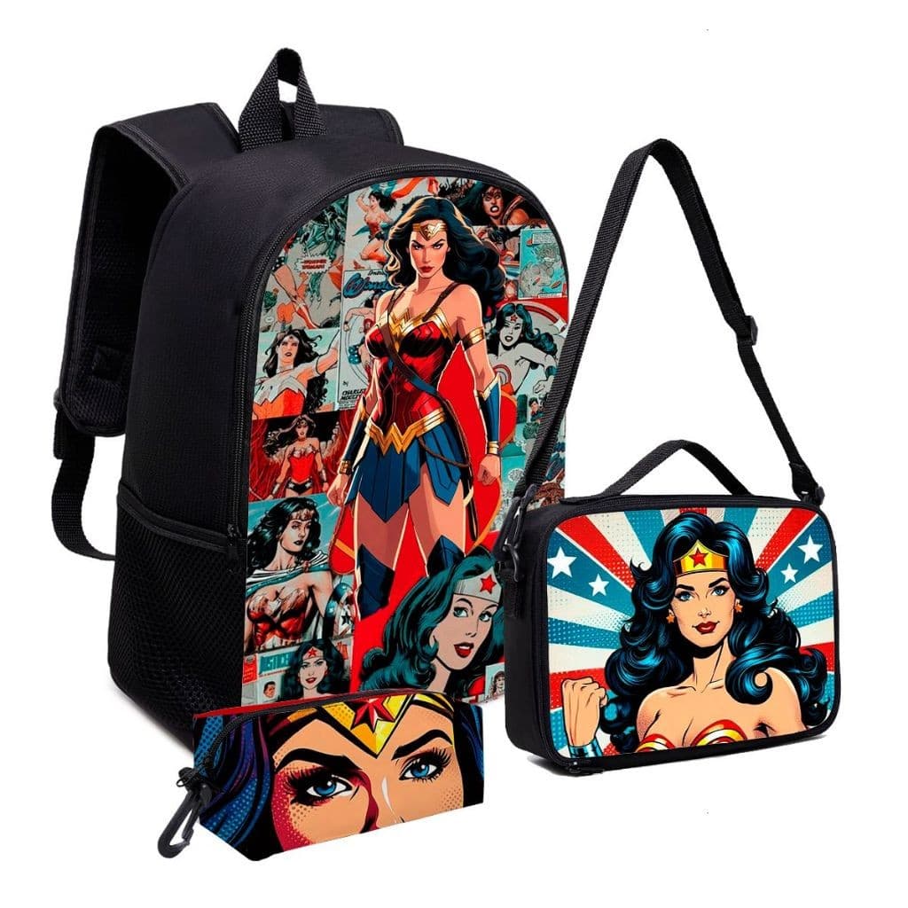 OFERTA! Kit Escolar 3 Peças Mulher-Maravilha DC Infantil Menina 2026 | Mochila Lancheira Estojo PROMOÇÃO