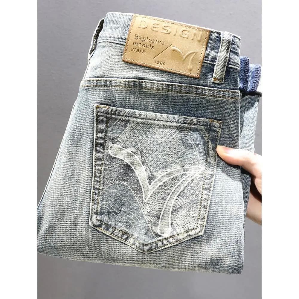 Jeans retrô pesado masculino, roupa de rua, bordado, Slim fit, pequeno, reto, Design Jeans, sentido, bolso, pedra, desga