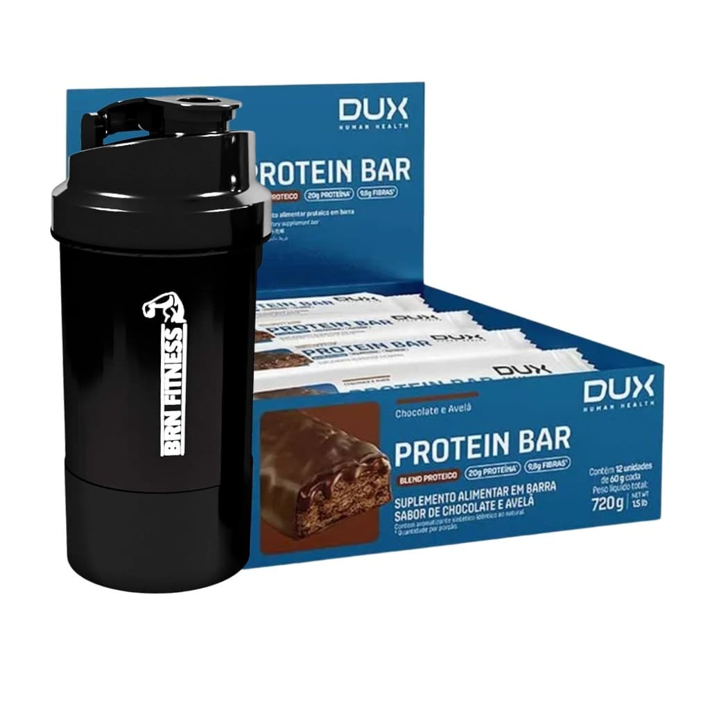 Kit 12x Protein Bar Dux 60g + Garrafa Shaker 500ml Treino