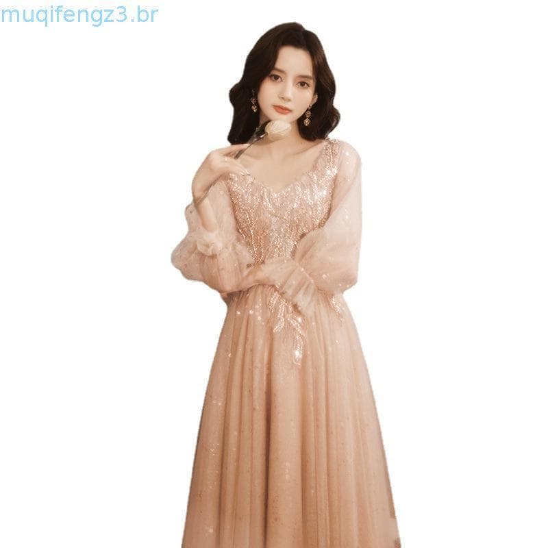 Vestido De Noite De Manga Comprida Champanhe Para Mulheres , Elegante , Céu Estrelado , Formatura , Vestidos Longos De B
