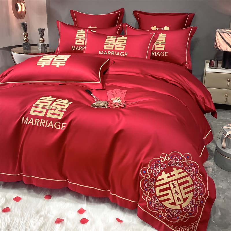Grande vermelho High-End casamento conjunto de quatro peças cama de casamento colcha capa folha estilo chinês festivo qu