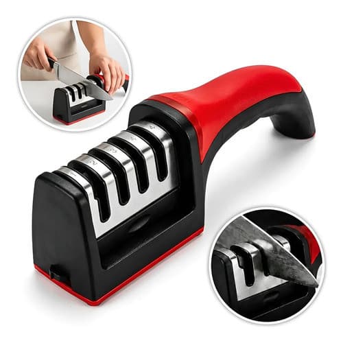 Amolador Afiador Facas Tesouras 4 Em 1 Aço Inox Profissional Vermelho