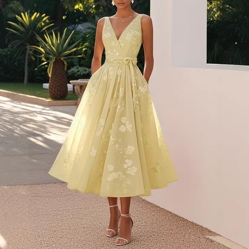 [Produtos prontos, entrega no mesmo dia] Vestido feminino de verão sem mangas com decote em V e vestido de jantar
