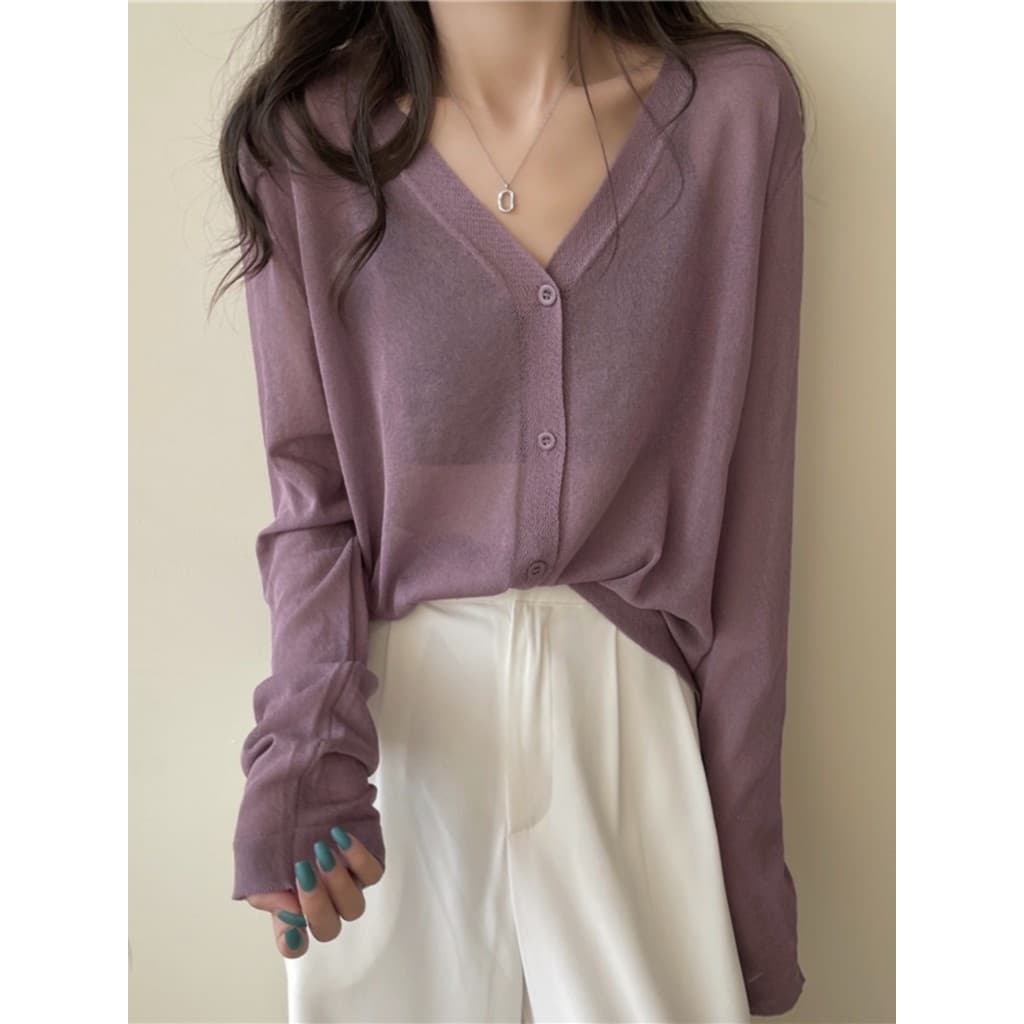 Com decote em V 2026 novo estilo feminino de malha de seda gelo Cardigan estilo fino verão exterior protetor solar blusa