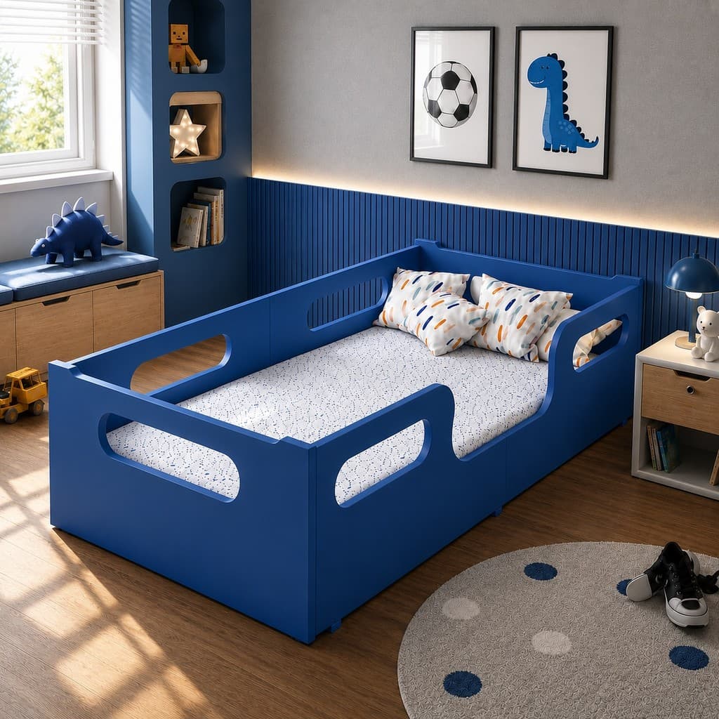 Cama Montessoriana Encanto Segura Infantil Azul Grade Proteção Quarto Do Bebê Juvenil Moderna Resistente  Com Colchao