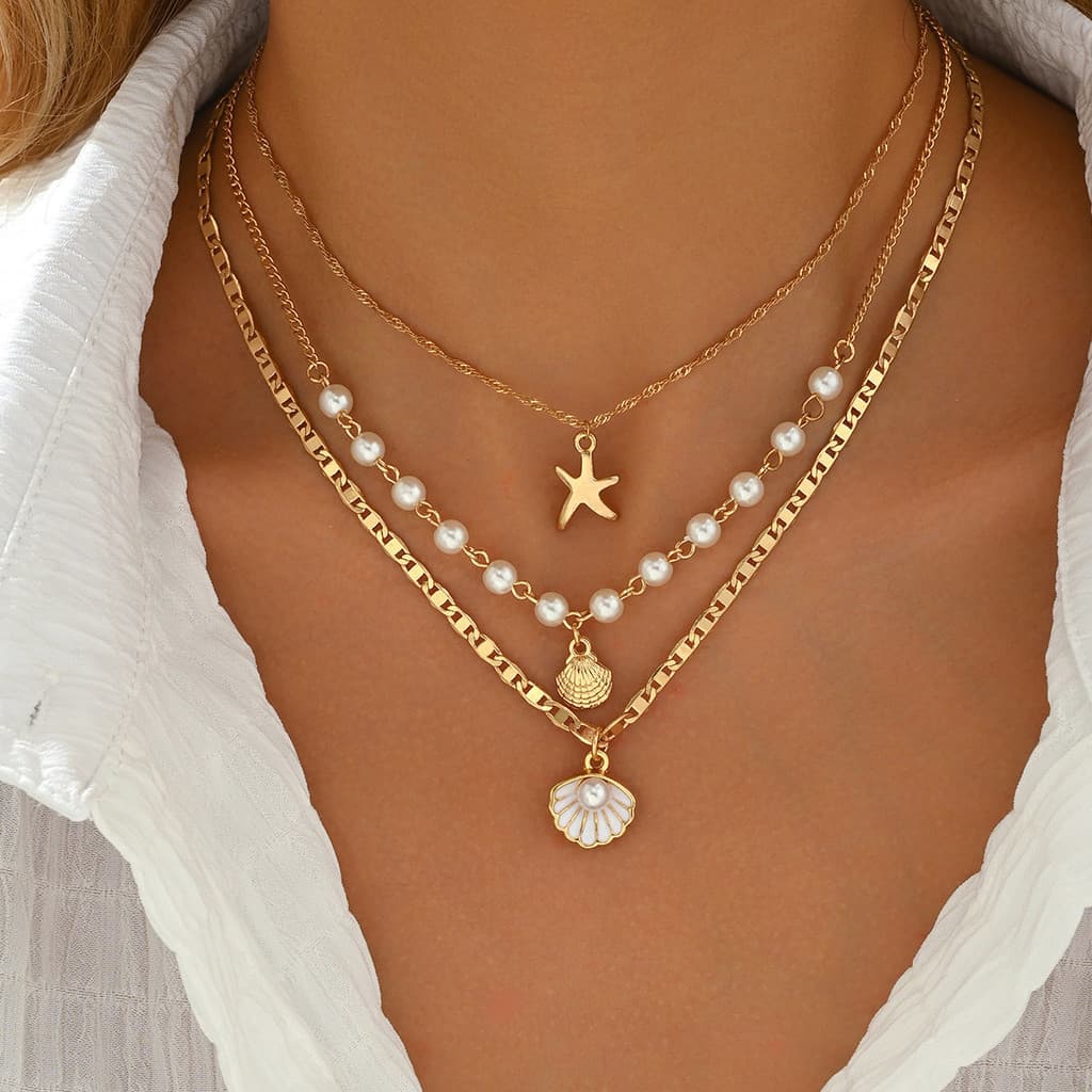 Moda Multicamadas Pérola Estrela Do Mar Concha Pingente Colar Clavícula Corrente Jóias Feminino Praia Casual Presente Ac