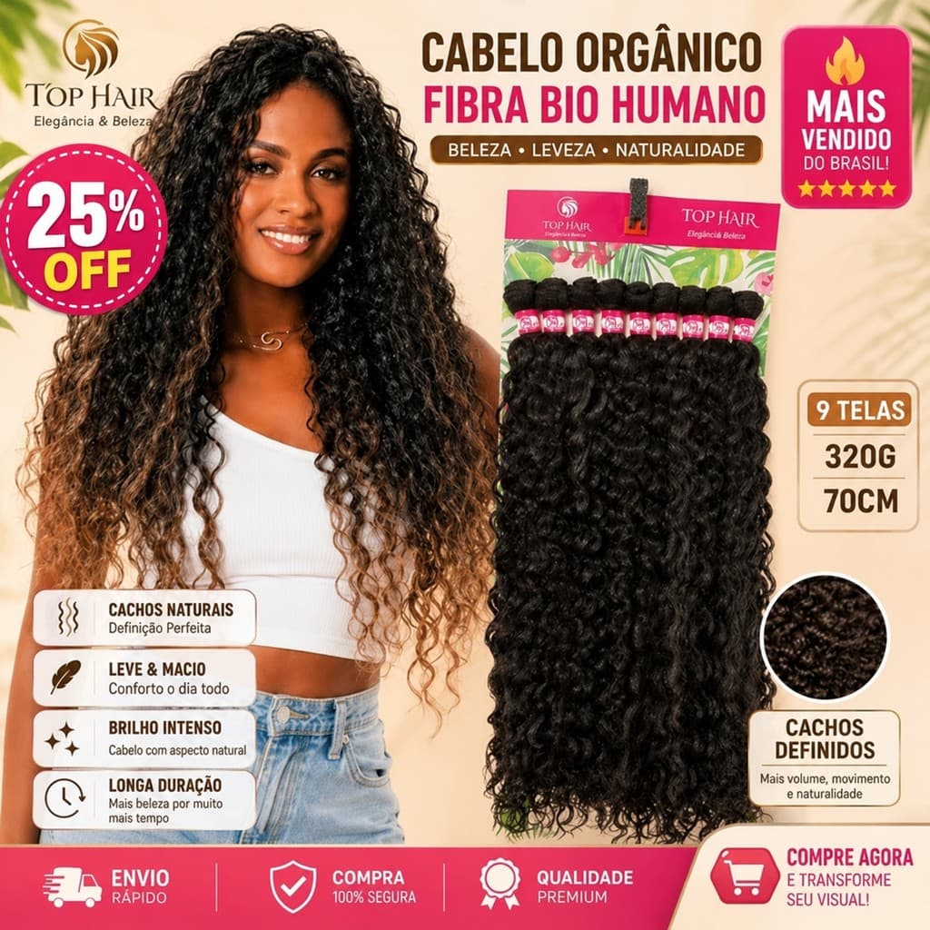Cabelo Cacheado Fibra Bio Humano 70cm 9Telas 320gr Top Hair JEAN(NOVO)
