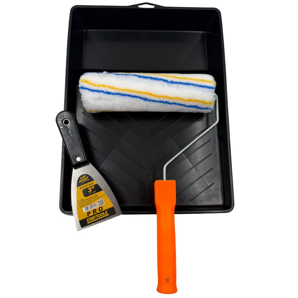 Kit Pintura Parede 4 Peças Rolo Lã Sintética Bandeja 23cm Espátula 7,5cm e Suporte para Rolo