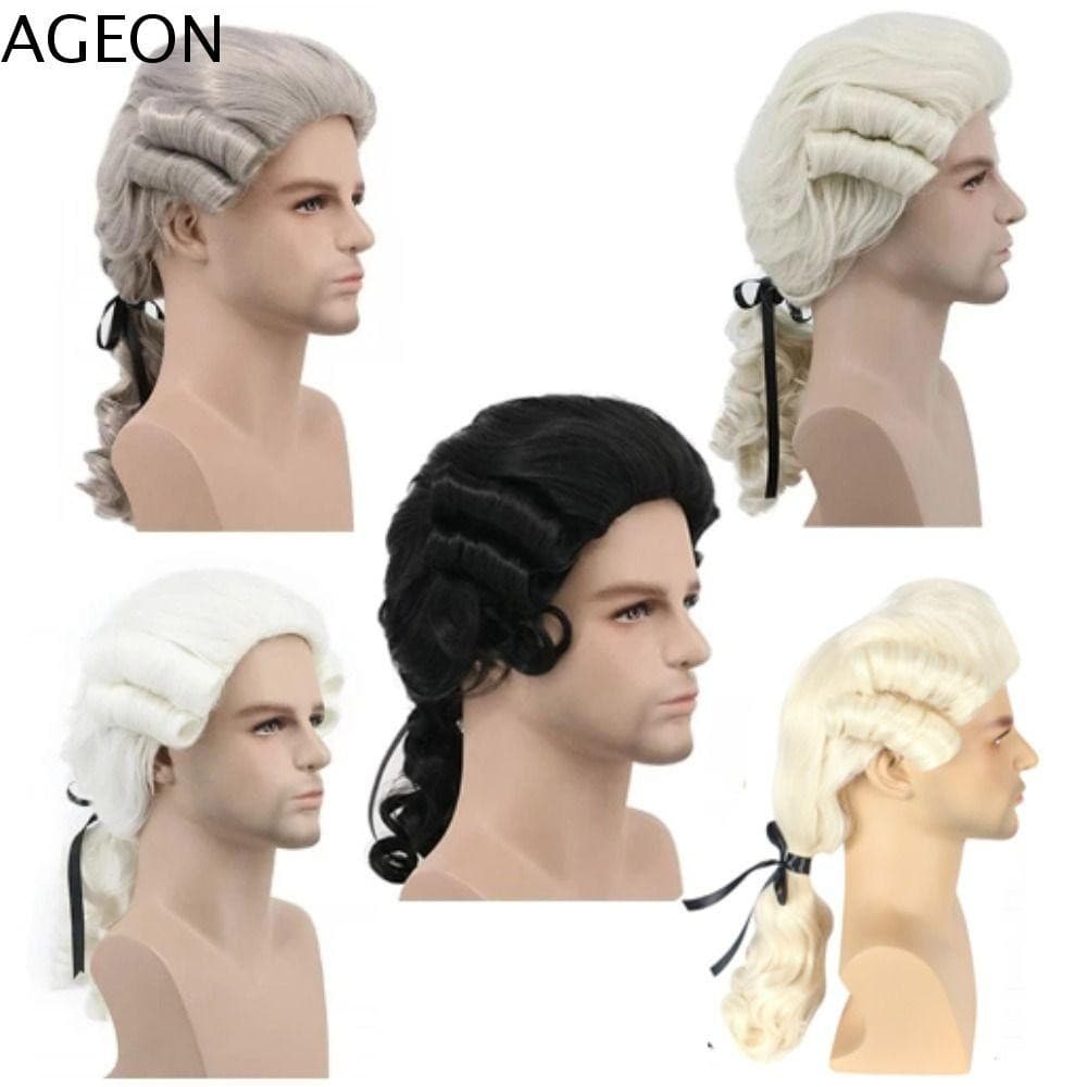 AGEON Barroco Cosplay Peruca Encaracolada , Perucas Masculinas De Luxo Advogado Juiz , Cinza Halloween Masculino Traje