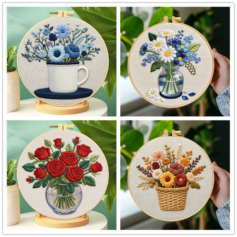 DIY Vaso Flor Bordado Conjunto Ferramentas De Impresso Iniciante Flores Plantas Padrão Redondo Ponto Cruz Kit Costura Ar