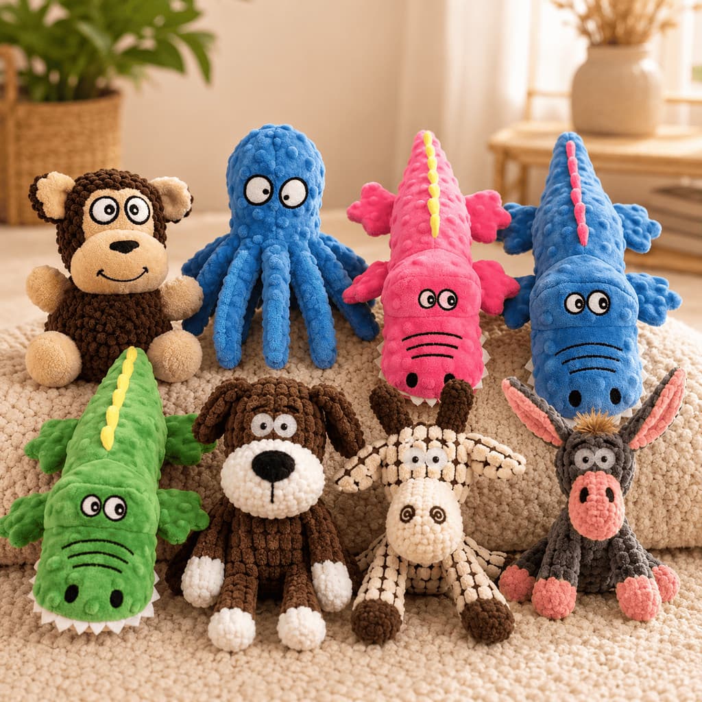 Brinquedo Pet de Pelúcia Cachorro Macaco Jacaré Polvo Girafa Burrinho Mordedor Macio para Cães e Gatos