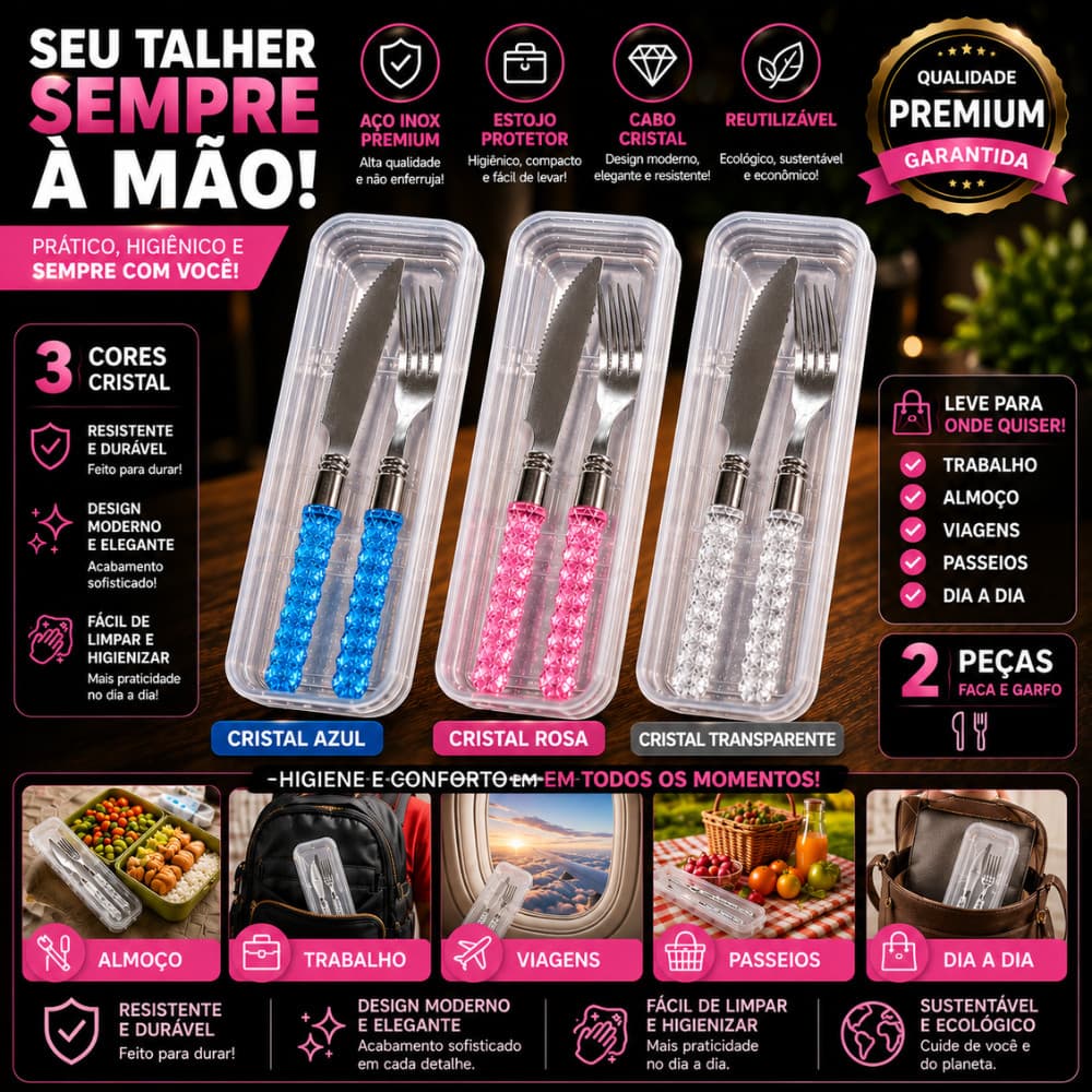 Kit Faca E Garfo Inox Com Estojo Portátil Reutilizável