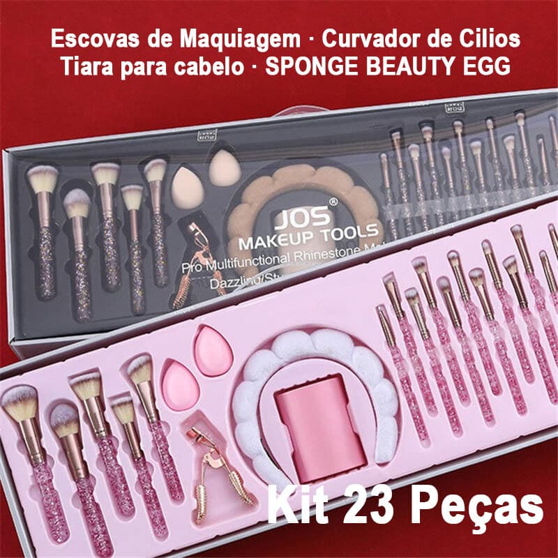 Conjunto De 23 Peças De Ferramentas De Maquiagem Com Cristais Incluindo Pincéis De Maquiagem E Modelador De Cílios