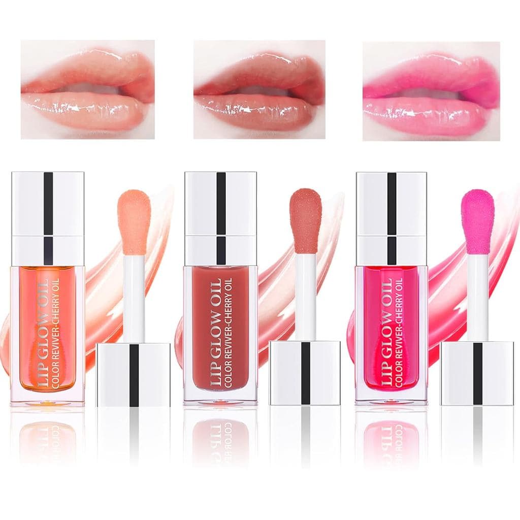Conjunto de 3 Óleos Labiais, Óleo Hidratante para Lábios com Brilho, Gloss Volumizador Labial, Óleos Labiais Coloridos T