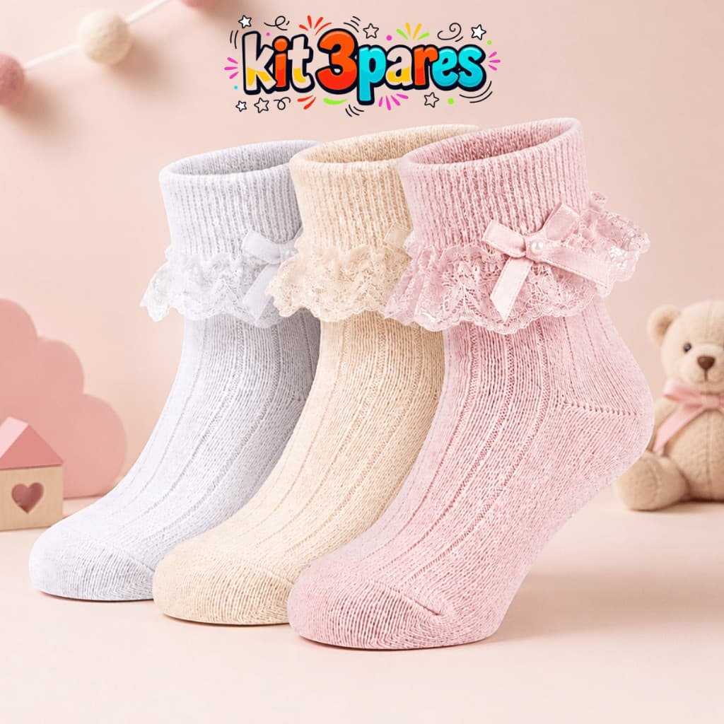 Kit 2 e 3 Pares Meias Infantil Menina Com Renda Delicada