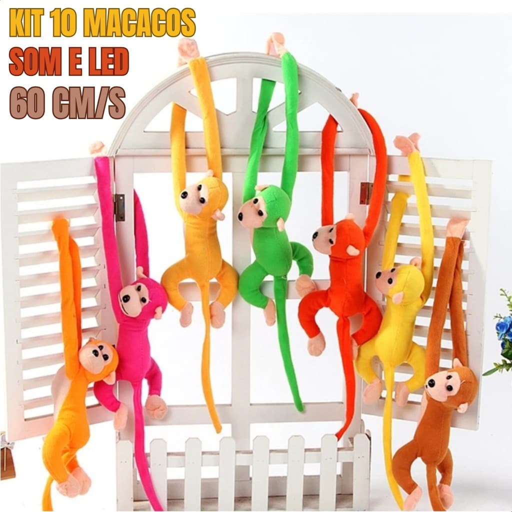 Kit 10 Macacos de Pelúcia com Som e LED 60cm Coloridos