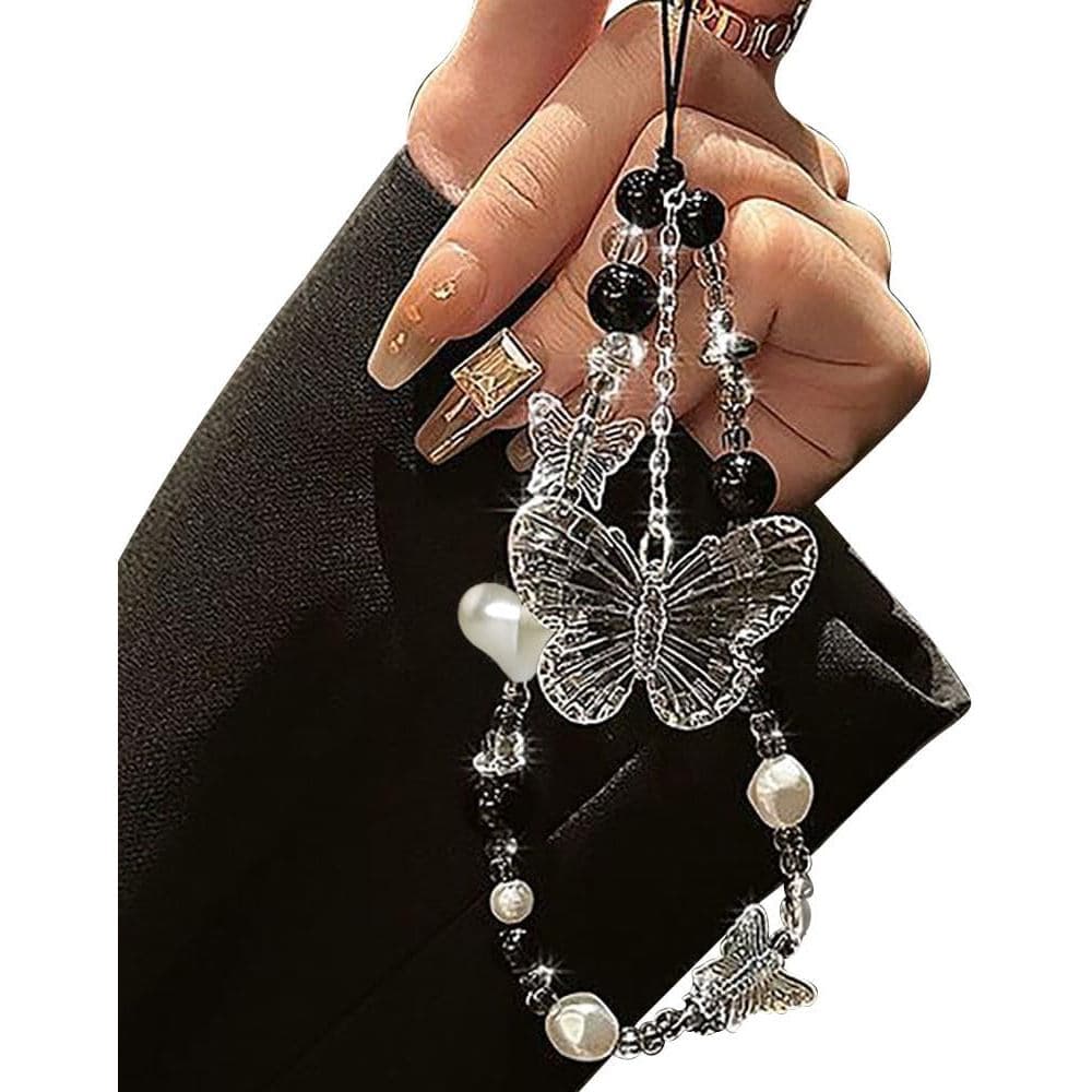Chaveiro de Telefone com Contas Pretas e Brancas, Chaveiro de Borboleta de Cristal, Chaveiro de Coração para Bolsa, Corr