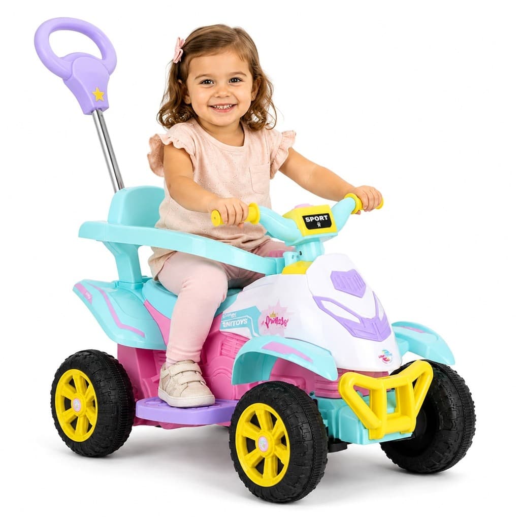 Quadriciclo Princesa 6V Infantil 2 Em 1 Elétrico Com Haste Direcionável Faról E Música - Unitoys