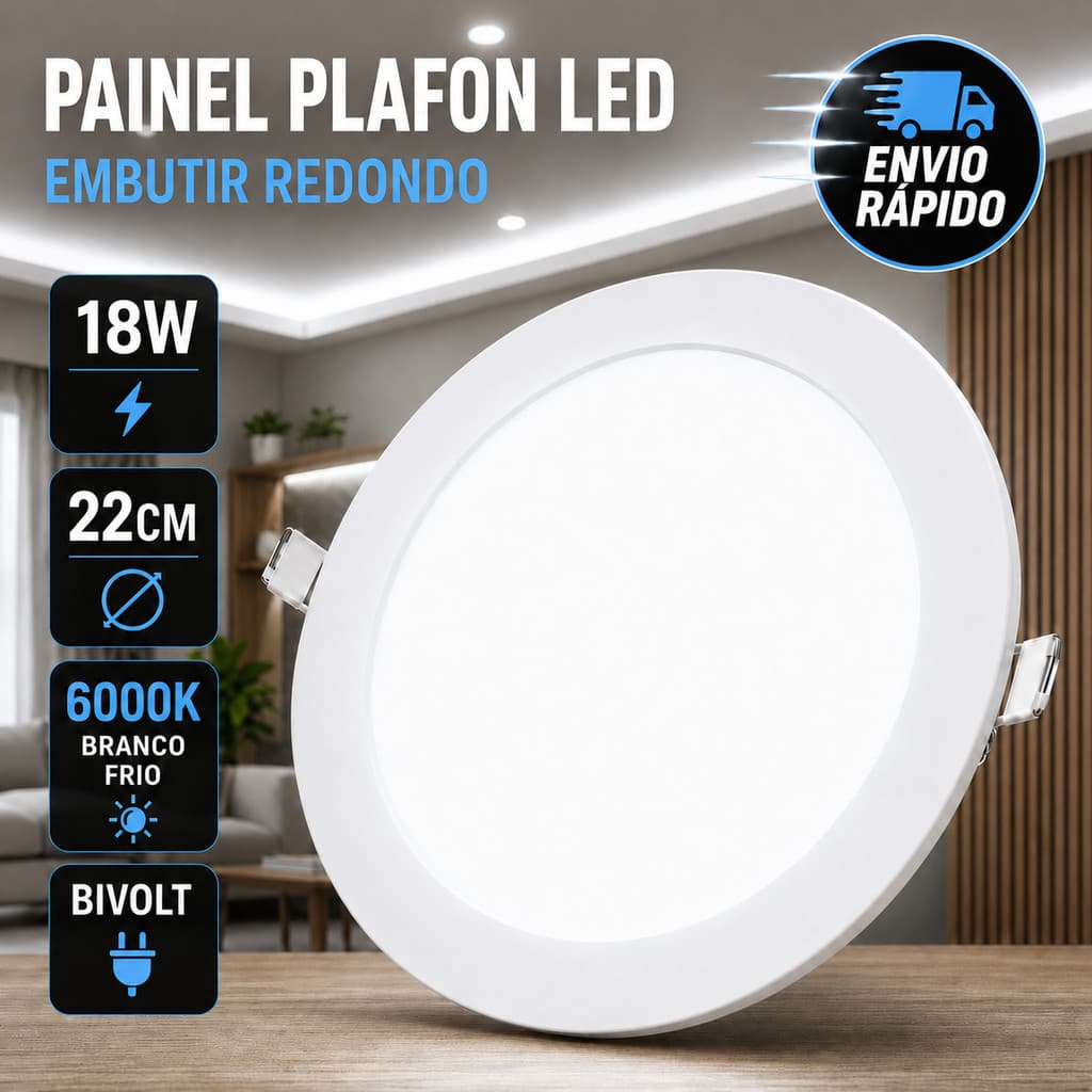Painel Plafon Led Embutir 18W Redondo 22cm Branco Frio 6000k Luminária De Teto Gesso Cozinha Bivolt