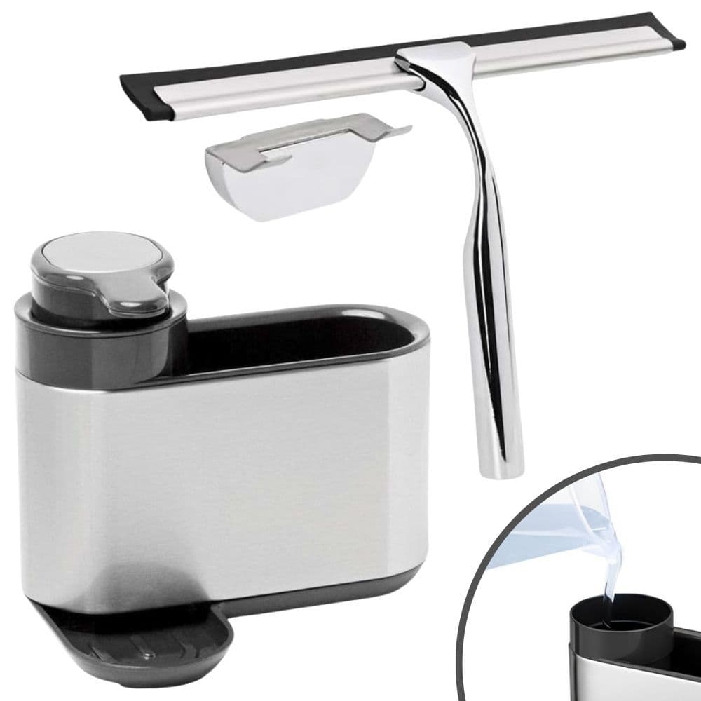 Kit Pia Organizada Rodo Para Pia 26cm Com Suporte De Parede + Dispenser De Detergente 250ml Inox