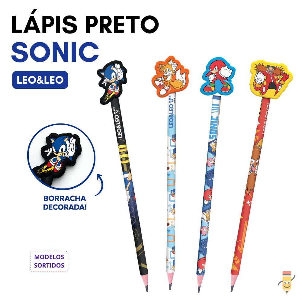 Lápis Preto Decorado Sonic com Borracha Leonora Kit 2 e 4 Unidades