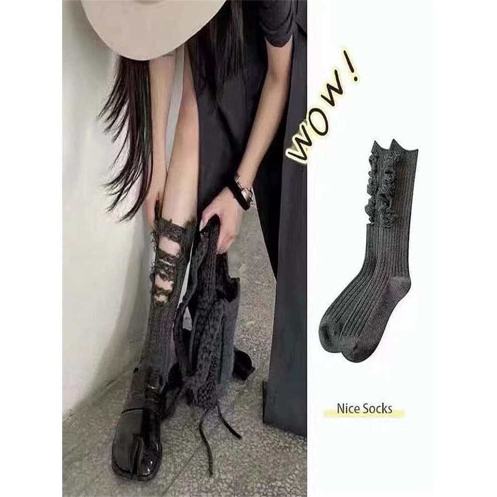 Meias estilo feminino ins Maggiela rasgado mendigo meias estilo passarela primavera verão estilo tubo alto Miss desejo s