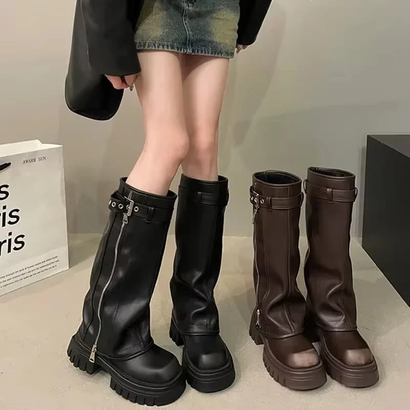 Botas de Inverno Femininas Estilo Biker com Fivela de Cinto, Elegantes, de Plataforma, Cano Longo, Botas Casuais Feminin
