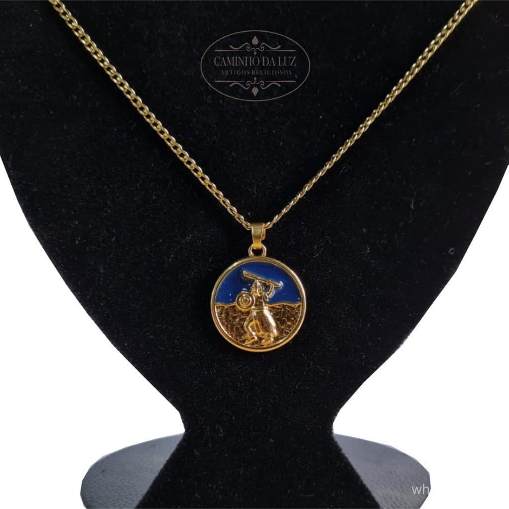 Kit Pingente Ogum Banhado a Ouro 18k Umbanda Candomblé + Corrente 60cm