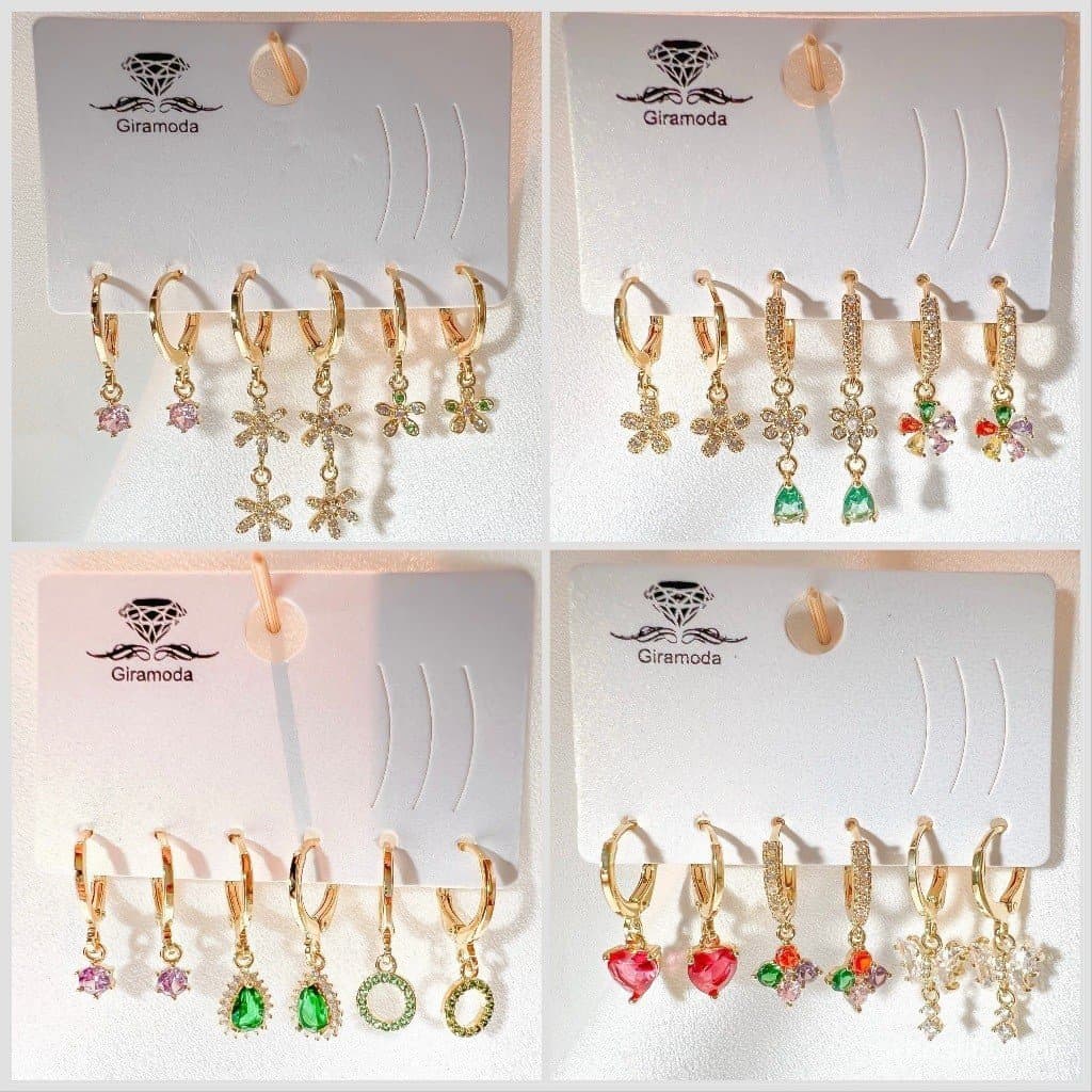 Kit 3 pares de brincos Argolas Cravejadas Pedra de Zirconia pingente Coracao/ Gota e Flor Folheados a Ouro18k  prata 925