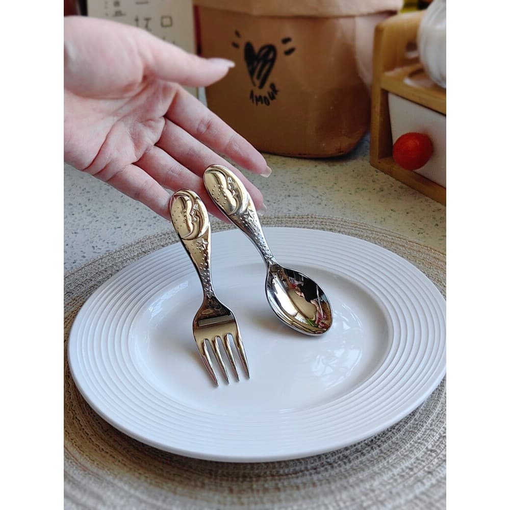 Exportado para o Japão 304 aço inoxidável talheres infantis garfo colher suplemento alimentar para bebê alça curta bonit