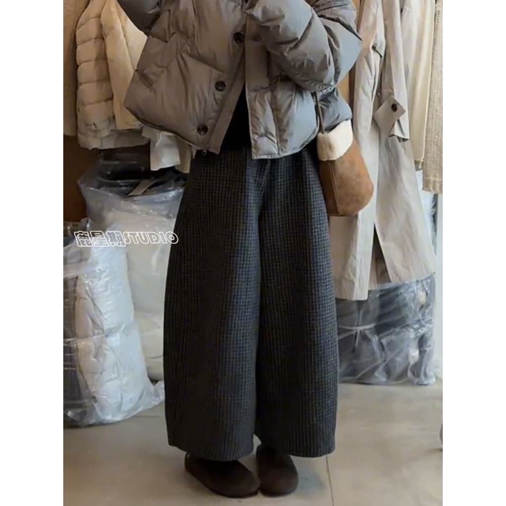 Pequeno estilo coreano xadrez de lã calças casuais femininas primavera Plus Size gordura mm cintura alta mais magro olha