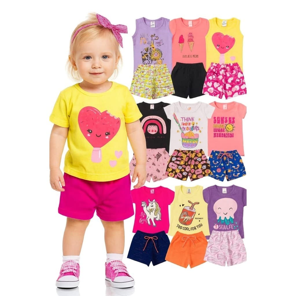 Kit Verão Infantil Feminino 4 Peças de Conjunto Tamanho 01 ao 14 Anos