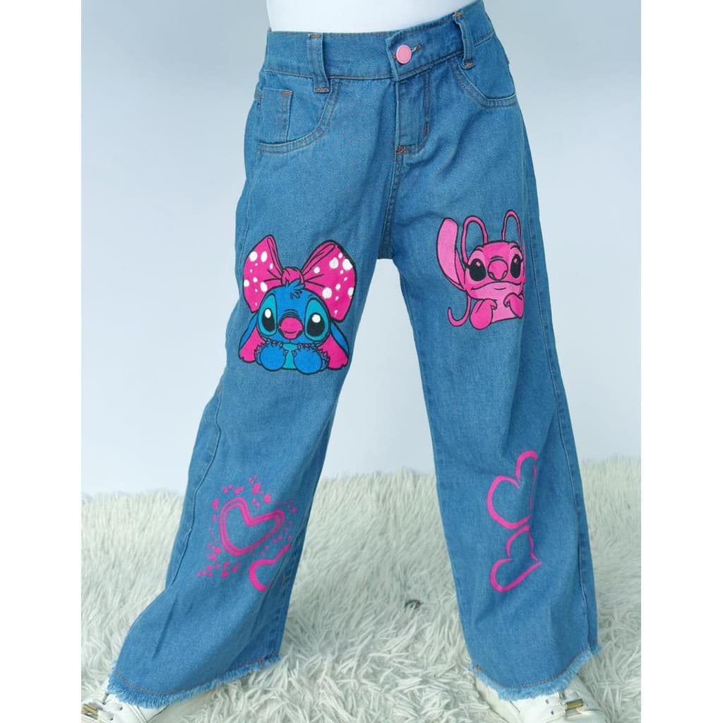 Calça Jeans Infantil Wide Leg Estampa Stitch Menina com Elástico Atrás na Cintura