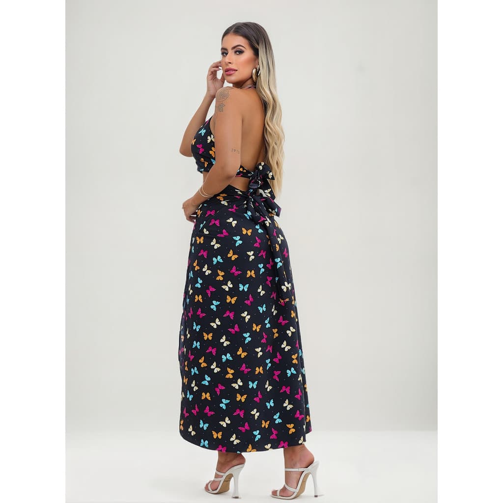 Conjunto Saia Envelope Midi Longa Transpassada + Cropped