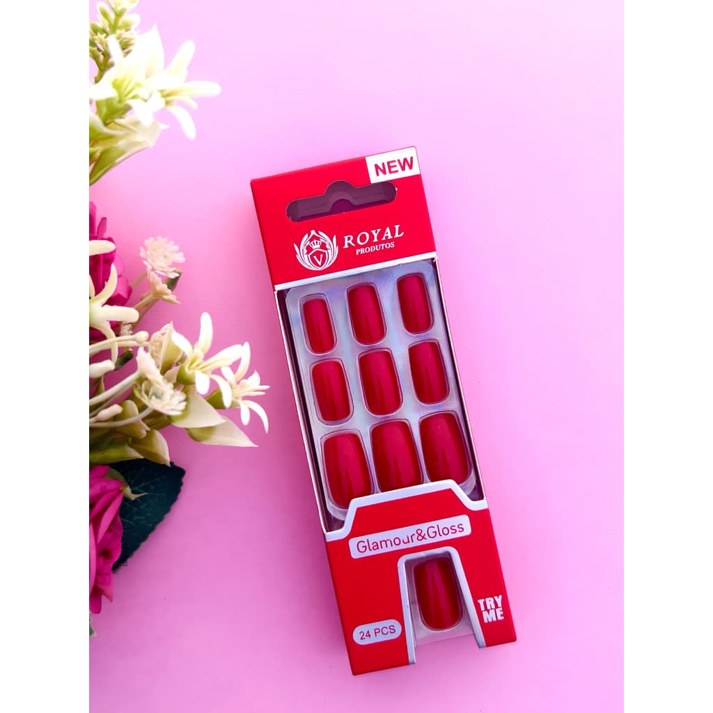UNHAS POSTIÇAS QUADRADA MÉDIA AUTOCOLANTE - KIT COM 24 PEÇAS COR VERMELHA  T-579-1