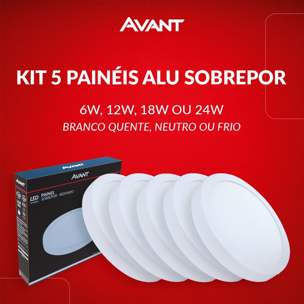 Kit 5 Painel Led Aluminio Redondo Sobrepor 6w 12w 18w 24w Branco Quente/Neutro/Frio 110v/220v Bivolt Branco Avant