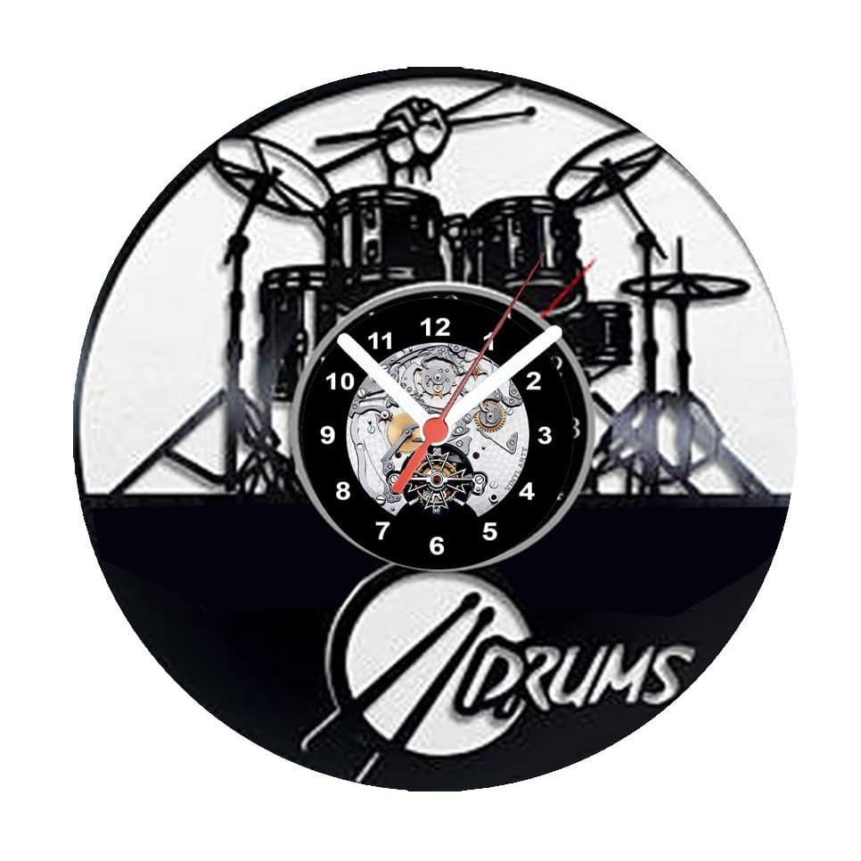 Relógio de Parede Título Drums Vinil Personalizado Presente Criativo Decoração Temático Bateria
