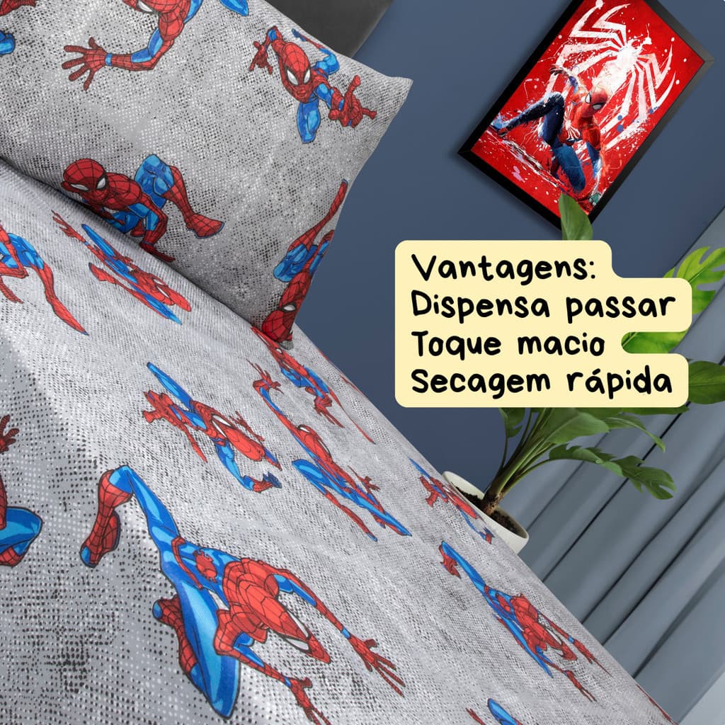 Jogo de Cama Solteiro Infantil Com Elástico 2 Peças Cinza Marvel Homem Aranha