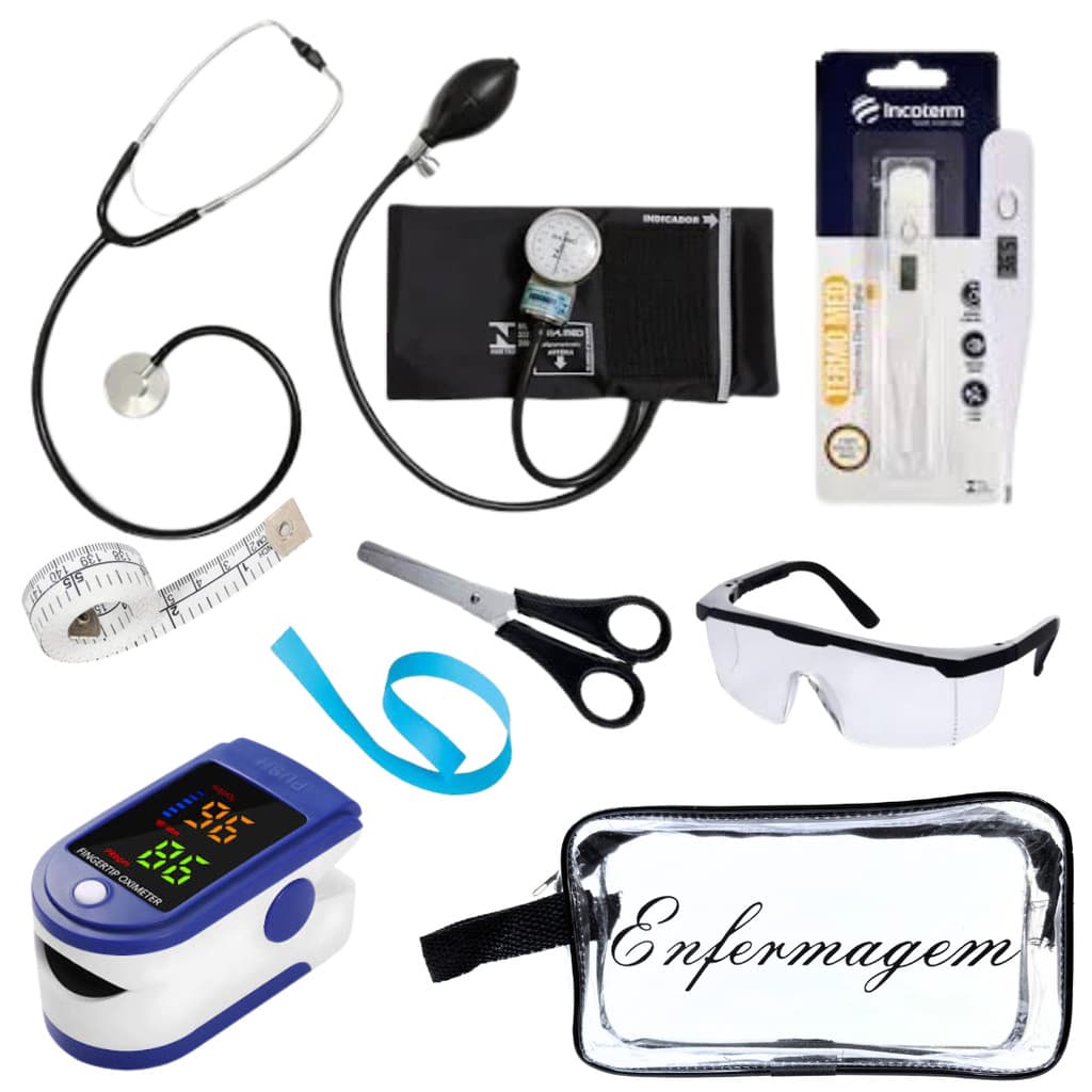 Kit Enfermagem Aparelho de Pressão+Estetoscópio PAMED Completo+Oximetro+Nécessaire Vinho Preto Pink