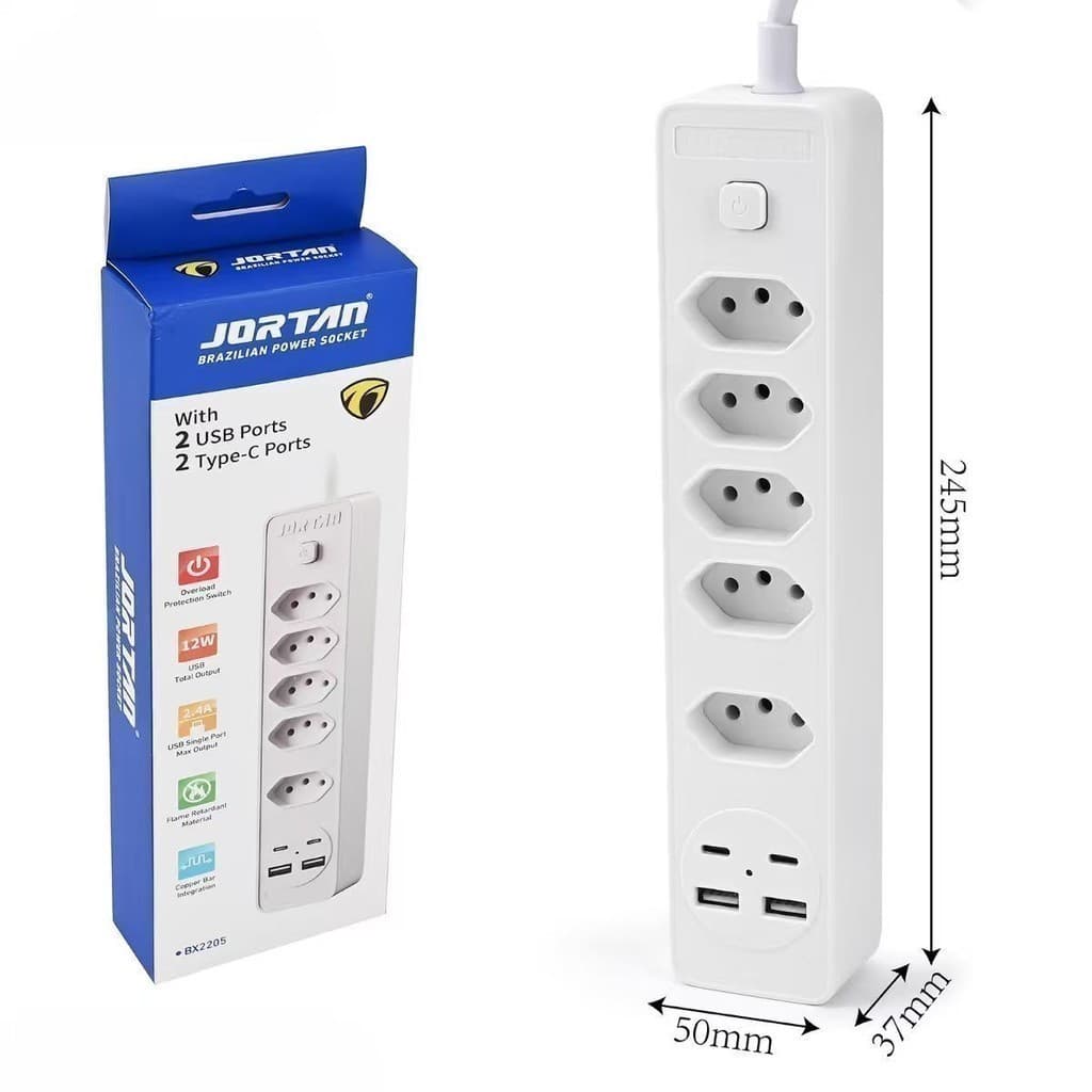Filtro de linha Jortan de 2 m com 3/4/5 tomadas e proteção contra curto-circuito (DPS) 110/220 V anjgg