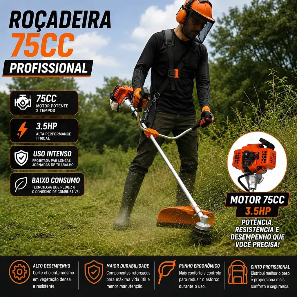 Roçadeira Cortador Capinadeira a Gasolina 75cc 3,5hp Nakasaki Alta Peformace